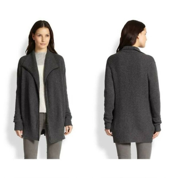 Vince Charcoal Grey Wool Cashmere Blend Open Front Leather Trimmed Cardigan - Picture 1 of 10